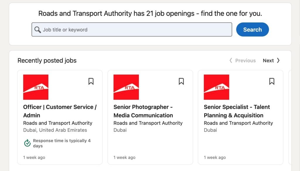 RTA Dubai Careers |Transport Jobs in Dubai